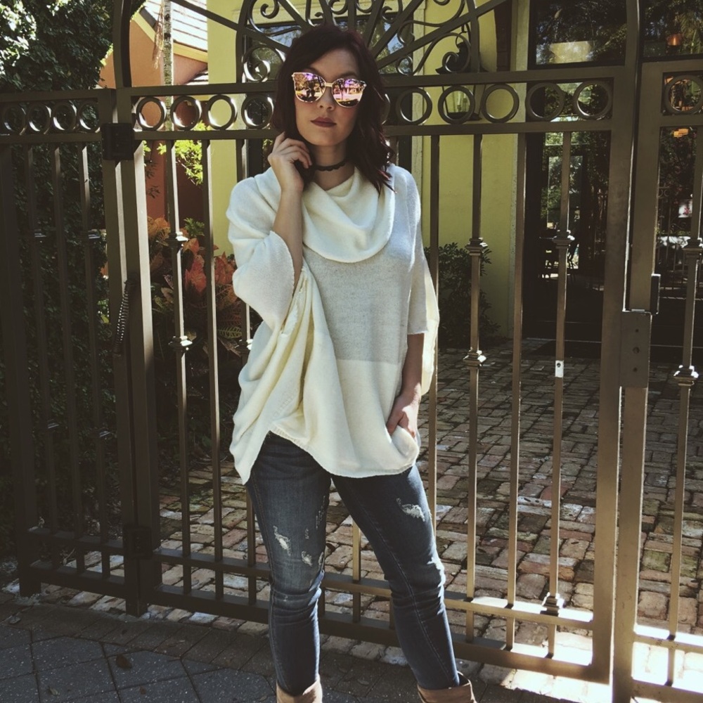 Cream Oversized Fold Over Sweater with Pocket
